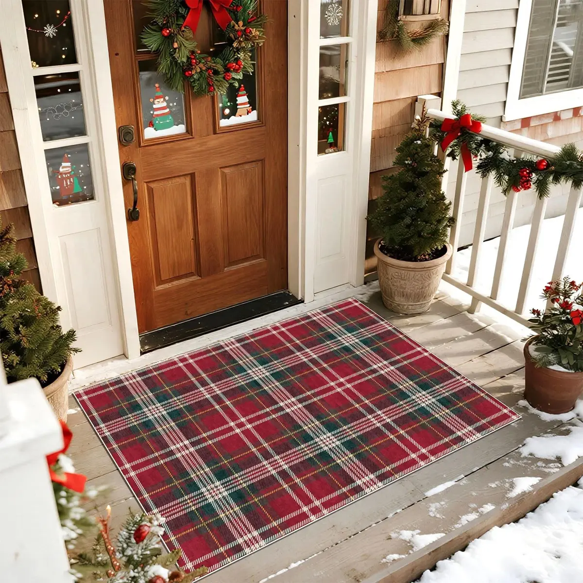 Modern Vintage Scottish Plaid Door Mat, Christmas Welcome Rug, Soft Comfortable Faux Fur Foot Pad, Ideal for Entryway Garden Porch Living Room Bedroom