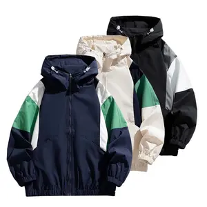 Men's Trendy Hooded Jacket Loose Fit Color Block Patchwork Coat, New Spring/Fall Couple Casual Jacket, Windproof Outdoor Sports Hiking Hoodie Shell Jacket Top