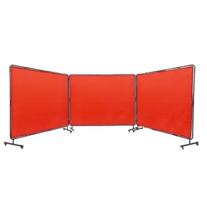 Welding Screen With Frame, 6 Ft By 8 Ft, 3-Panel Flame-Resistant Vinyl Curtain For Welding Safety, Dust Protection, And Shielding, Portable On 12 Swivel Wheels (6 Lockable Castors), Moveable & Professional For Workshop Use, Red