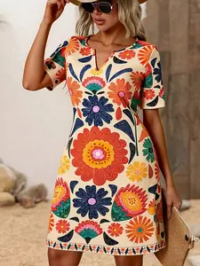 Women's Summer New Print Graphic Mid-Length Fitted Dress, Stylish Casual Fashion, Perfect for Daily Wear & Special Occasions