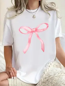 100% cotton Coquette Bow Simple Pink Cute Girl T-Shirt Print Crew Neck Casual T-shirt short Sleeve Sports Top, Smart Casual/street Style Women's Clothing