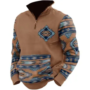 Aztec Cowboy Hoodie Vintage Graphic Western Hoodies for Men Casual Long Sleeve Half Zip Pullover with Pocket Cotton Menswear Sweatshirts