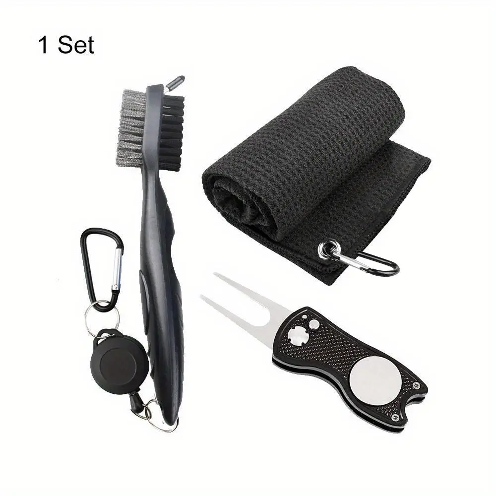Golf Cleaning Tool Set, 1 Set Golf Towel & Club Groove Cleaner Brush & Foldable Divot Repair Tool, 3 in 1 Golf Cleaning Tool Set, Golf Accessory, Golf Supply