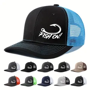 Fishing Themed Trucker Hat with Printed FISH ON! Logo Mesh Snapback Outdoor Baseball Cap Cotton Blend Hat Cooling Hat