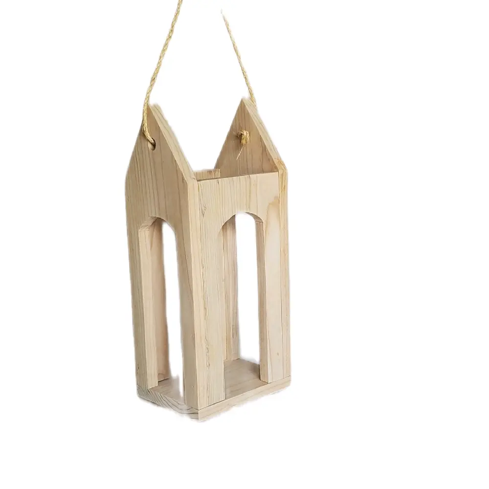 12" Hand Crafted Wooden Lanterns with Rope Handle Natural Wood Design Decorative Item, (Cedar), Point (Pitch) Top.