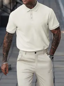 Two-Piece Set Men's Knit Fitted Polo Shirt & Pants, Regular Fit Casual Short Sleeve Collared Top & Trousers, Men's Summer