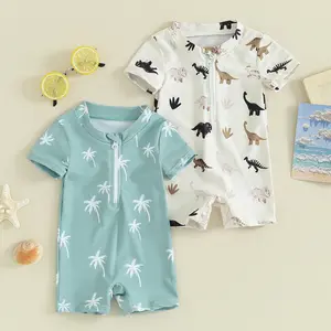 Kids Boys Summer Swimsuit Casual Tree/Dinosaur Print Zipper Short Sleeve Jumpsuit Swimwear Beachwear Bathing Suit