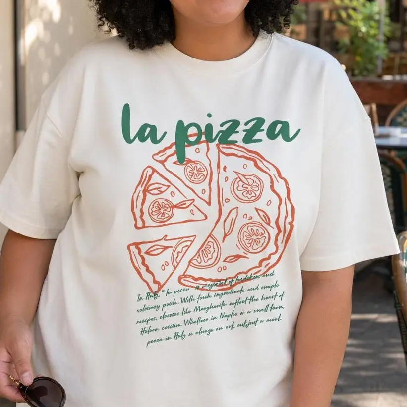 Retro La Pizza Graphic Tee Women Foodie Pizza Shirt Plus Size Top