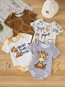 Summer Baby Boys Cartoon Giraffe Print & Wildlife Full Body Print Round Neck Short Sleeve Triangle Onesies Set, Baby Boy Clothes, 4-Piece Pack