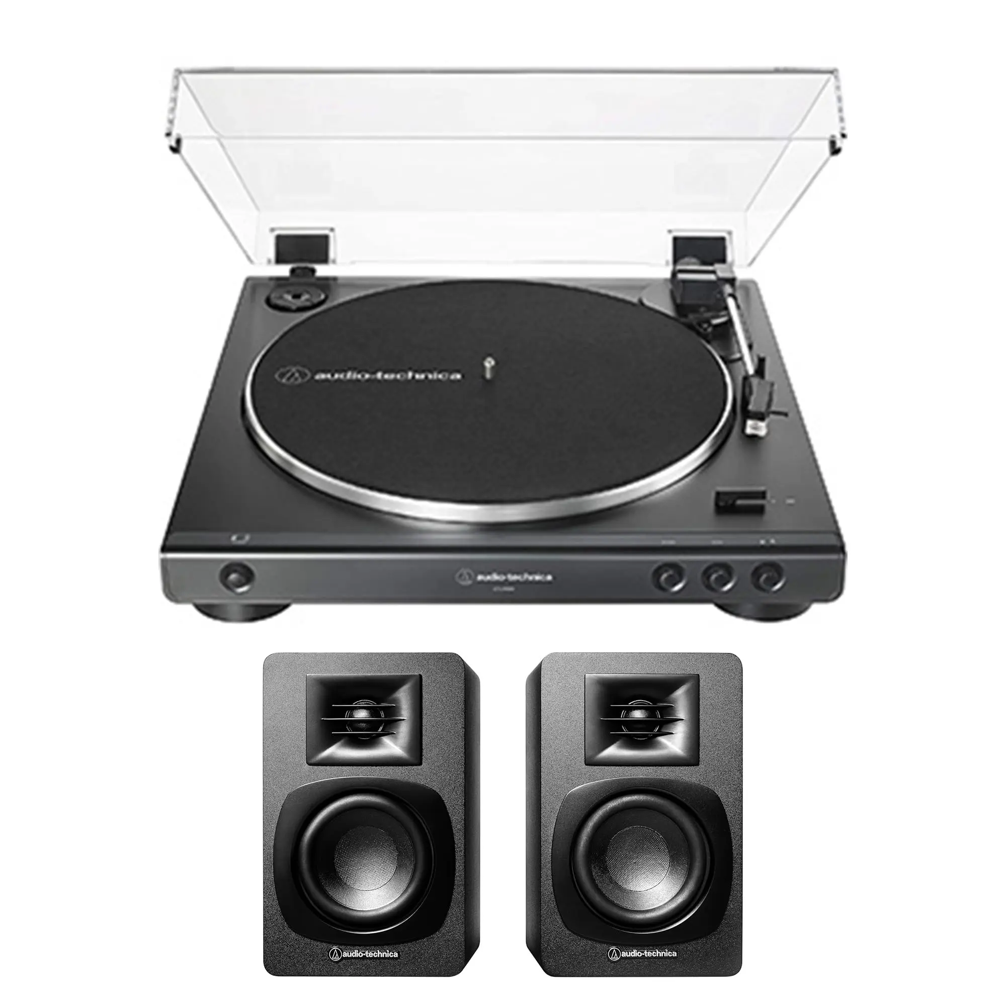 Audio-Technica AT-LP70XBT-BZ Automatic Belt-Drive Wireless Turntable Set (J-Shaped Tonearm, 45 rpm, Stylus, Phono, RCA, Auto Play, Wired) - Black/Bronze + 2024 Compact AT-SP3X Powered Bluetooth Stereo Full Range Speakers (None)