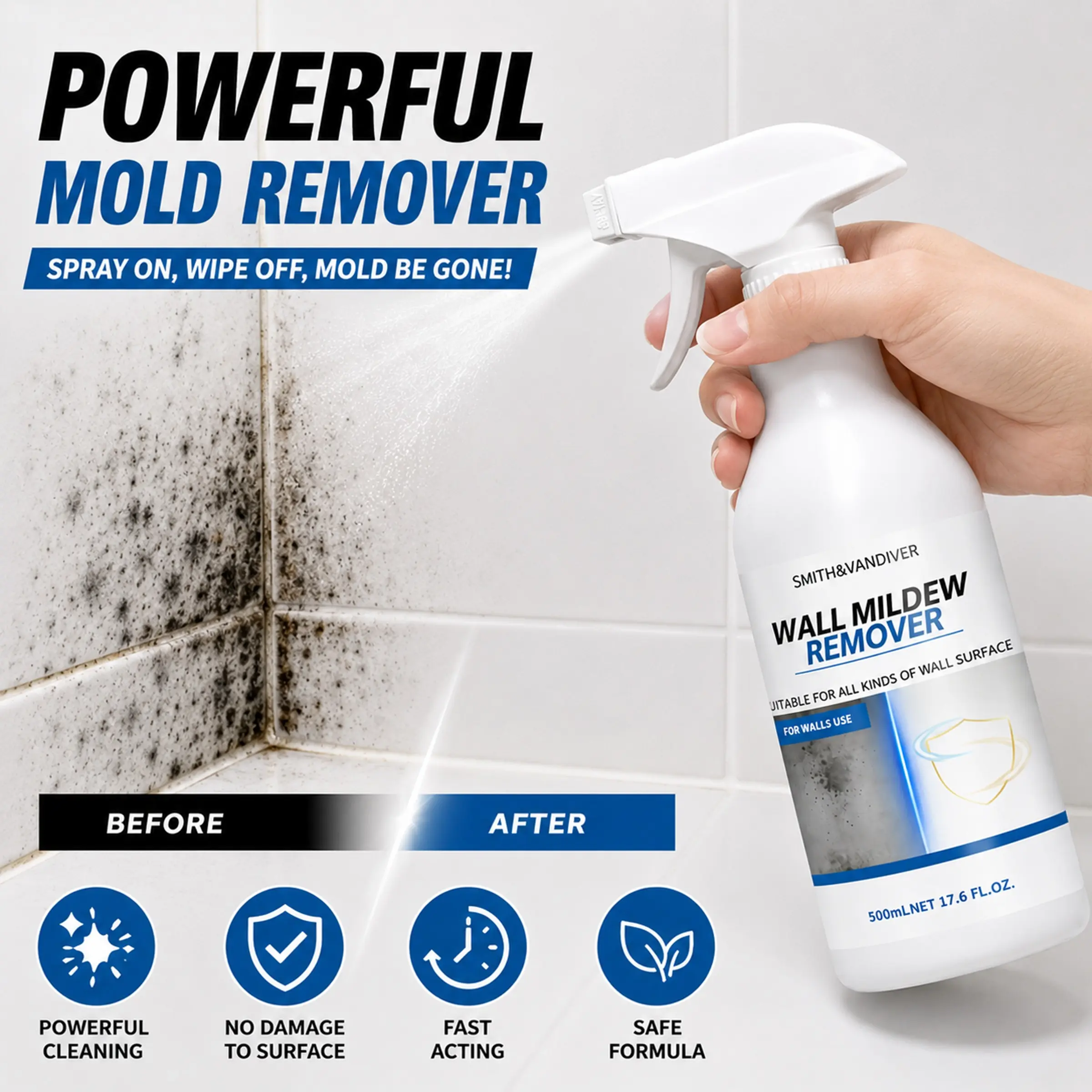 Mold Removal Spray, Mold Stain Remover, Wall Mold Remover, Mold Remover Liquid (500ml Spray Bottle), Household Cleaner, Rapidly eliminates mold while inhibiting recurrence, Features a formula that combines germ-killing and dust mite-eliminating properties