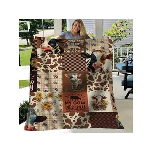 Vintage Farmhouse Funny Cow Patchwork Print Cozy Soft Flannel Throw Blanket, Rustic Sunflower Cow Themed Decorative Blanket for Couch Bed