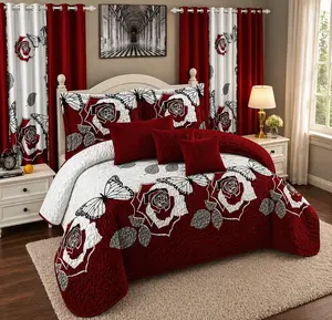 14-Piece Luxury Bedspread Set - Red Rose & Butterfly Design with Matching Curtains