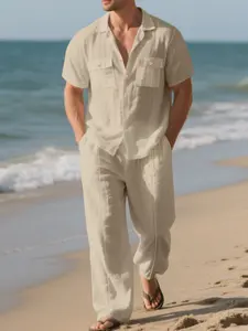 Men's Summer Linen Breathable Loose Beach Casual Workwear Short Sleeve Shirt with Pockets and Long Pants Set, Comfortable and Stylish for All Seasons