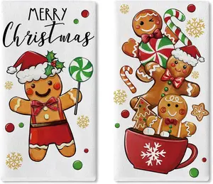 Merry Christmas Gingerbread Man Kitchen Dish Towels Set of 2, Cute Xmas Coffee Peppermint Candy Drying Hand Towel Baking Cooking Cloth, Winter Holiday Bathroom Home Decoration 16 x 24 Inches