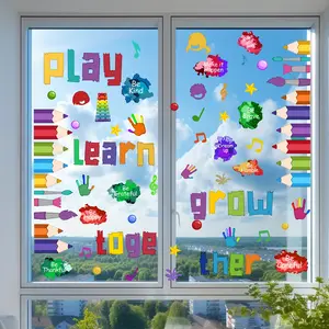 A set of nine (20cm*30cm*9pcs) colored pencil English letter and music note window stickers, double-sided visible window decals, window stickers for decorating home windows, glass doors, static stickers, decoration items D15052