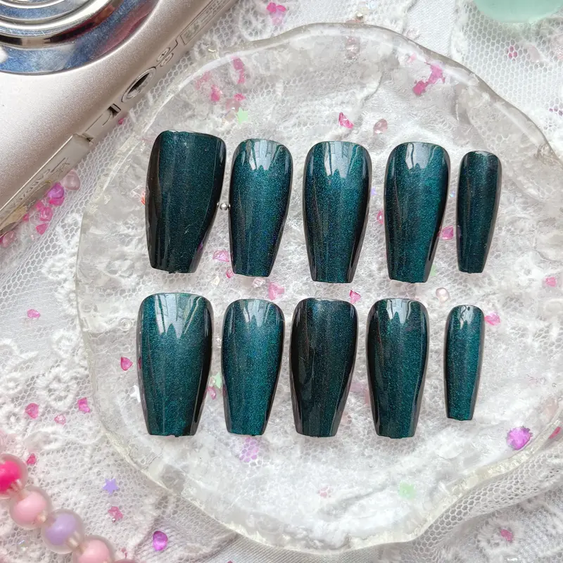 Personalized Pink French Almond Press On Nails Custom Long Coffin Press On Nails | Teal Metallic with Matte Black Accent | Personalized Handcrafted Luxury Nail Set| 3D Floral & Dot Accents | Barbiecore Summer Nail Trend 2025 | Cute Girly Manicure