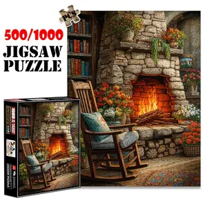 1pc 1000 piece adult puzzle 70x50cm Rocking Chair by Stone Fireplace with Blooms and Books 500 pieces of paper jigsaw puzzle, suitable for adults and families, large-scale DIY puzzle interactive to