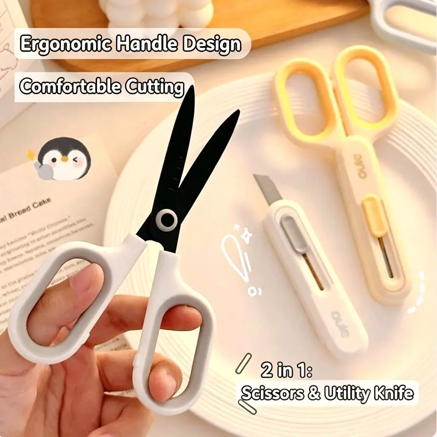 Cute 2 in 1 Scissors & Utility Knife, Multi-functional Portable Stationery Set, Aesthetic Kawaii Office Cutting Tool for Craft, Packaging & Daily Use