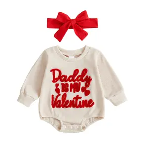 Canrulo Newborn Baby Girl Valentines Outfit Daddy is My Valentine Sweatshirt Bubble Romper Oversized Long Sleeve Bodysuit