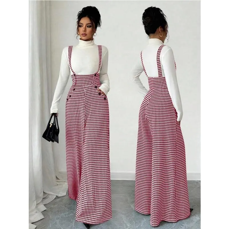 Women'S Houndstooth Button Design Pocket Casual Jumpsuit No brand