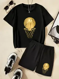 Golden Basketball Slam Dunk Print Children's Set, Matching Set, Summer New Style Boys And Girls Short-Sleeved T-Shirts + Shorts 2-Piece Set, Youth Kits, Stylish, Comfortable, Casual, Fashionable And Versatile For Daily Use, Ideal Gift Choice