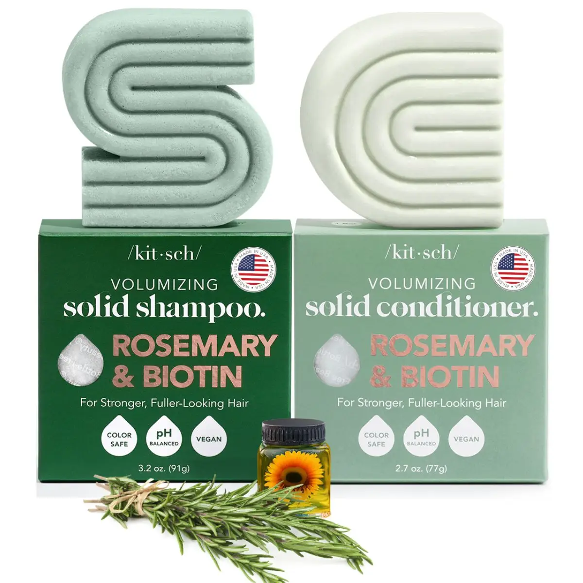 Kitsch Rosemary & Biotin Shampoo and Conditioner Bar Set for Hair Thickening - Shampoo & Conditioner Bar for Men and Women, Paraben Free, Made in USA