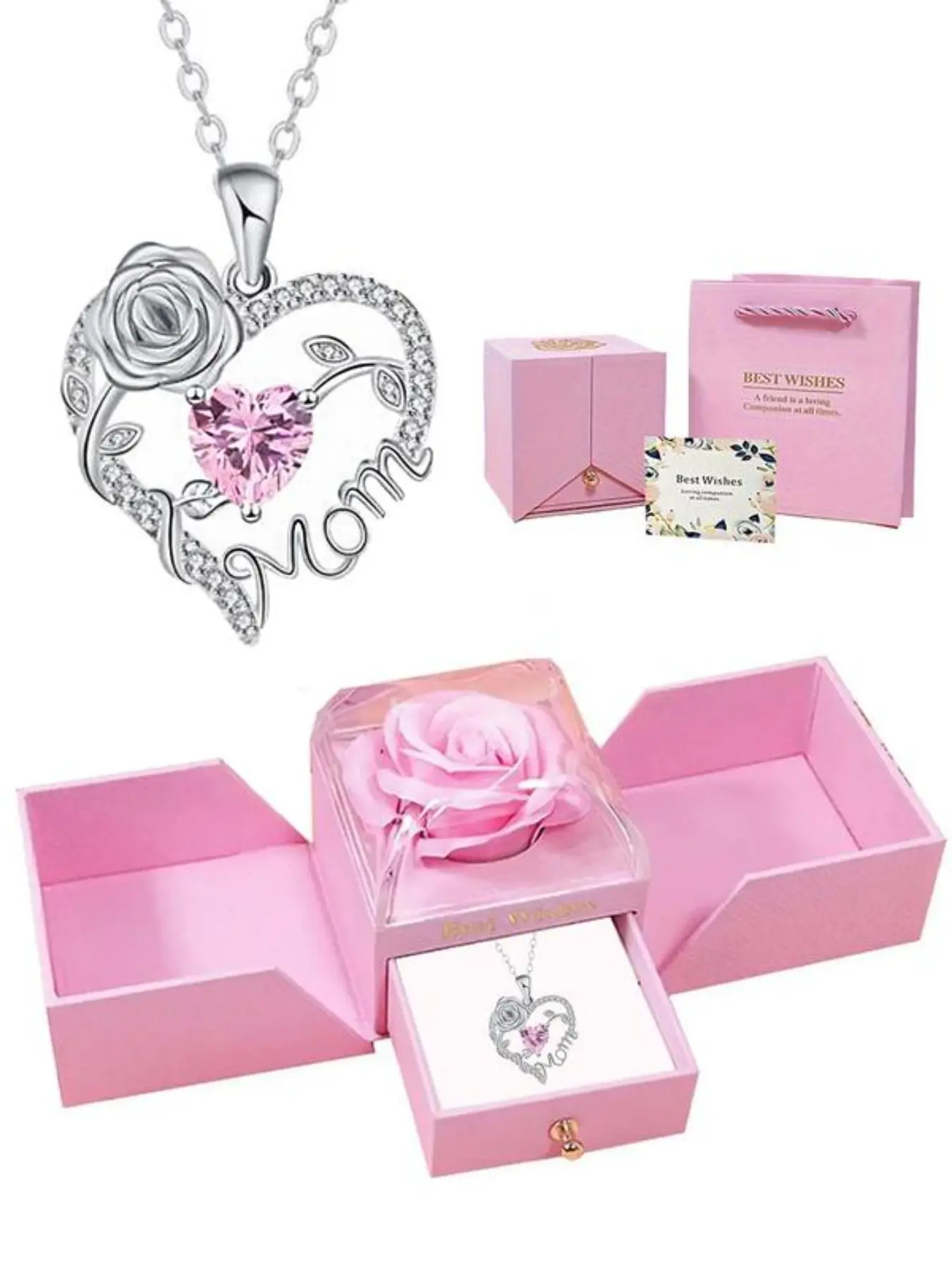 This rose necklace gift box contains a heart-shaped rose mother's pendant necklace, a heart-shaped necklace, or a heart-shaped necklace. It's a perfect birthday, Mother's Day, or Christmas gift for mothers, aunts, or grandmothers. Heart Pendant Necklaces