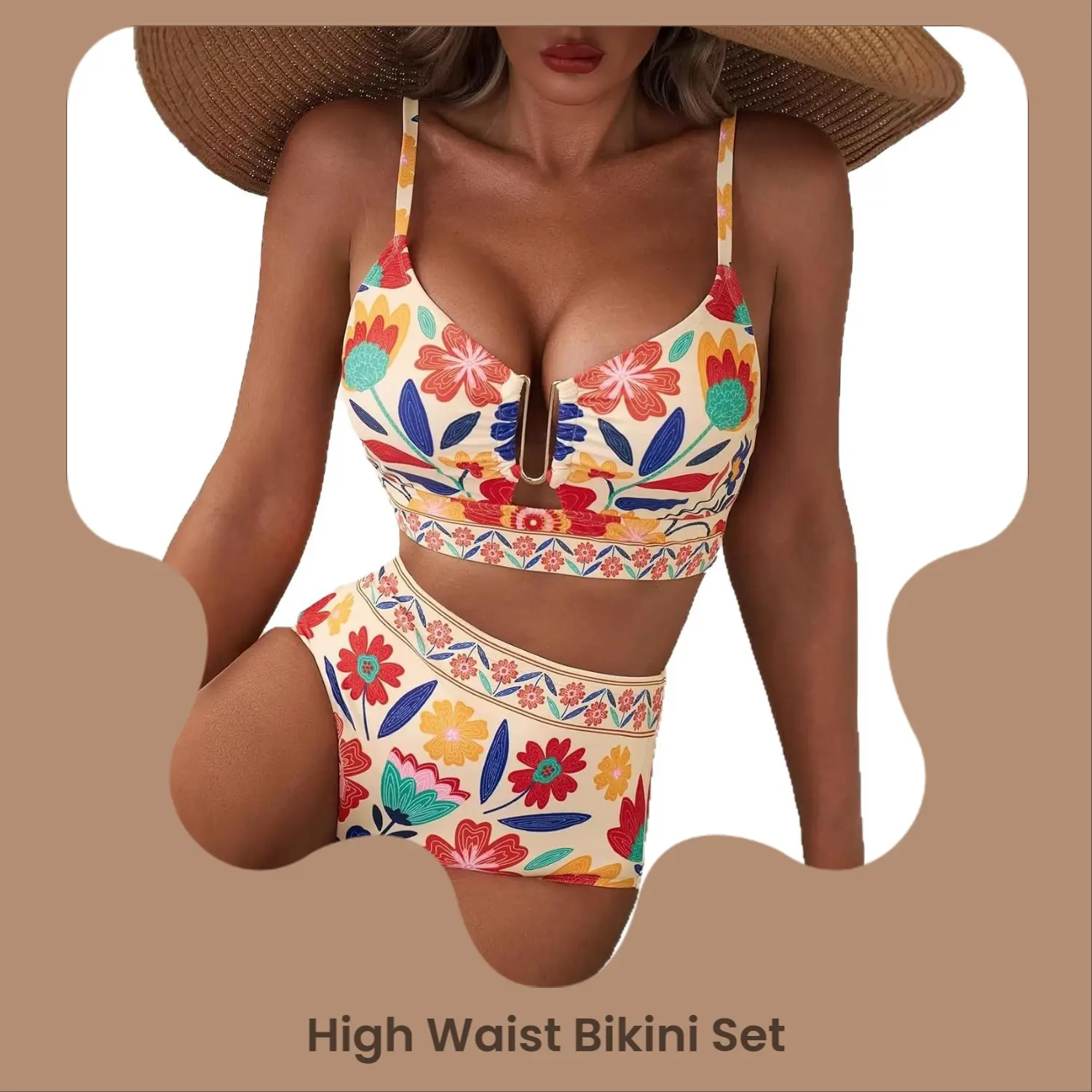 Women's 2-Piece High-Waist Bikini Set - Printed Spaghetti Strap Swimwear with U-Front Cutout, Good Elasticity for Comfortable Fit, Body Shaping for Beach, Summer Vacation