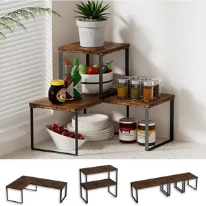 2 Tier Adjustable Stackable Corner Countertop Organizer Shelf, Rustic Brown Corner Counter Shelf Stand for Kitchen, Bathroom, Spice Rack, Coffee Area, Cabinet, Dresser Table