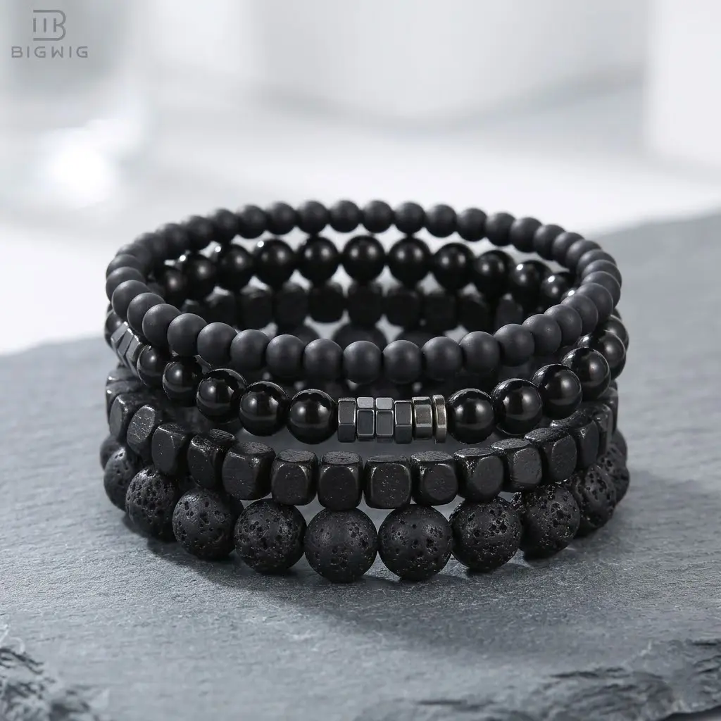 4Pcs Men's Stackable Bead Bracelet Set - Black Lava Rock & Matte Onyx Versatile Adjustable Cool Aesthetic Jewelry for Daily Wear, Gifts For Him,Fathers day gift, men accessories Anklets backtoschool