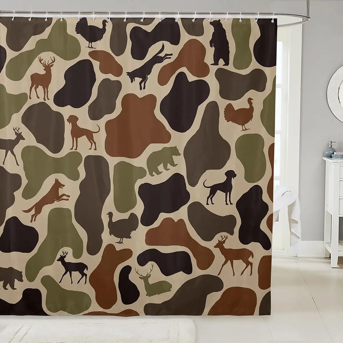 Deer Bear Shower Curtain Camo Waterproof Bathroom Accessories Hound Turkey Wolf Army Print Bath Curtain for Bathroom Showers Brown Farmhouse Camouflage