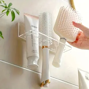 Acrylic Transparent Bathroom Storage Rack, Wall-Mounted Hairbrush Holder, No Drilling Needed, Organizer for Brushes and Cosmetics