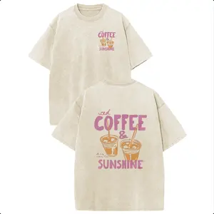 Holafish Oversize Acid Wash Vintage "Iced Coffee & Sunshine" Pattern T-Shirt, Coffee Lover Casual Graphic Tee, Heavyweight Cotton Streetwear Vintage Tees Unisex Crewneck Tshirt summervibes