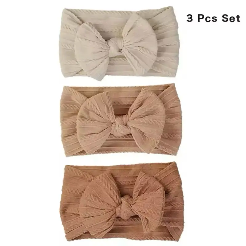 3 Pack Soft Nylon Bow Headbands – Stretchy Hair Bows for Girls in Neutral Colors