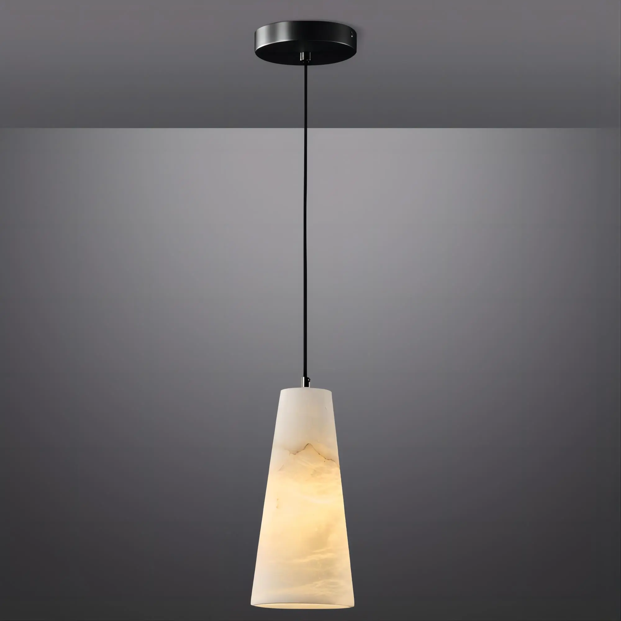 Natural Alabaster Pendant Lights Kitchen Island, H-10in White Pendant Light Fixtures, Light Pendant Marble Conical Shade Black, for Bedroom Bathroom Dining Room Living Room (Dimmable Bulbs INCL)