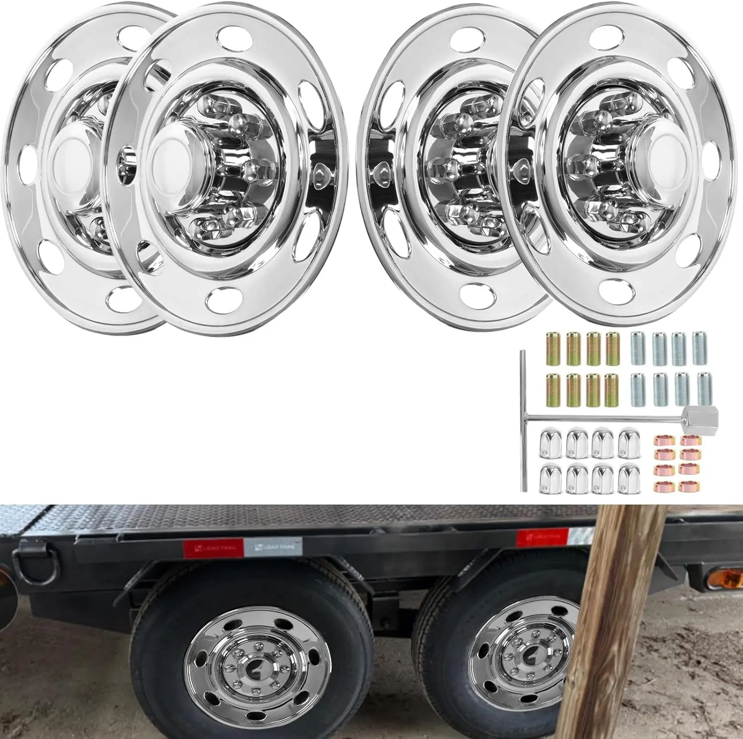 16'' Size Stainless Steel Wheel Simulator Set (4 Pieces), 8 Lug, 7 Holes, HH Dotliner for Single Wheel Tandem Trailers, Secure Fit, Enhancing Appearance, Long-Lasting Use