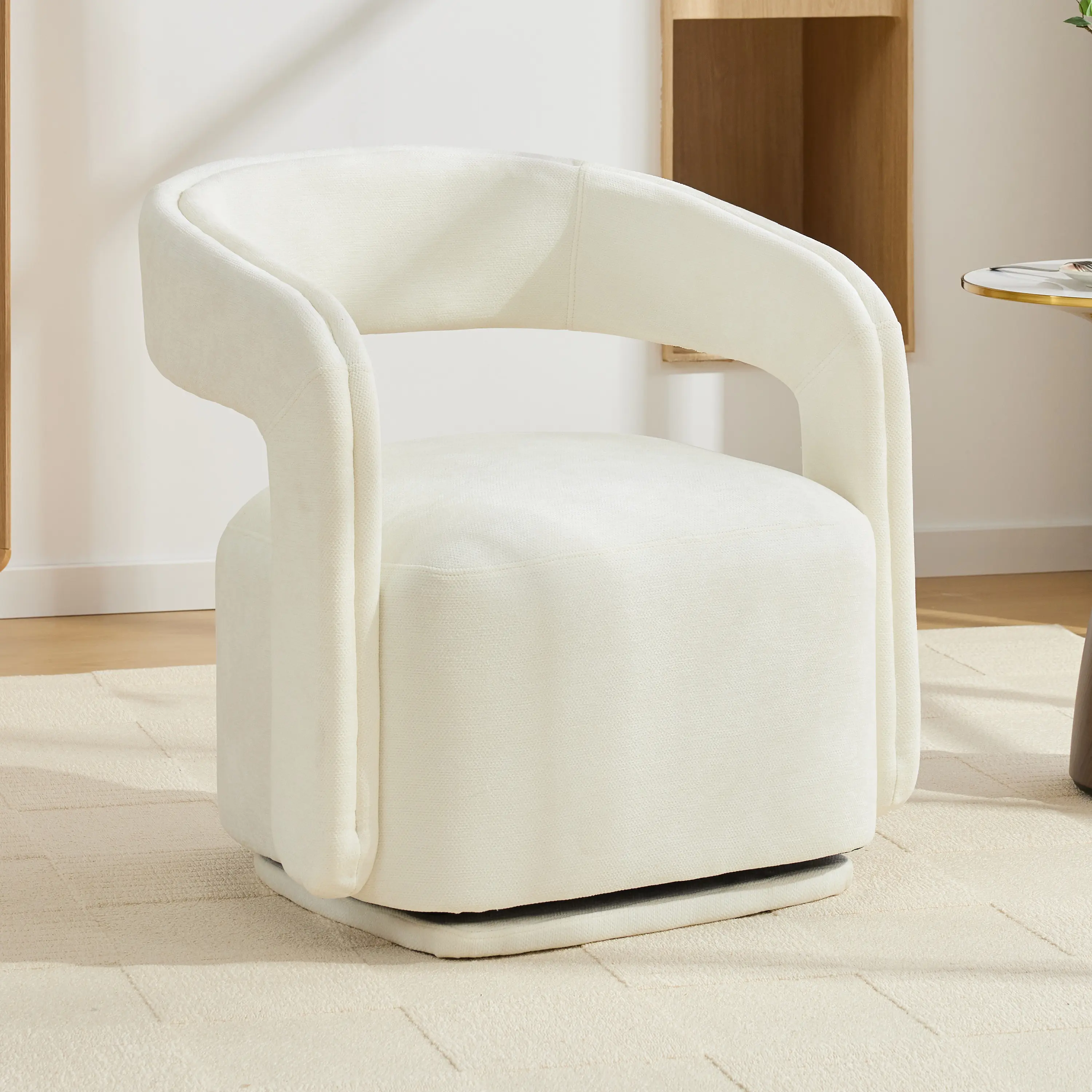 White Modern Comfy Chenille Swivel Barrel Chair - 360° Ergonomic Reading Armchair with Curved Backrest, Armrest, 22.05in Size, 250 lb Weight Capacity, Rolling Function, Assembly Required for Living Room, Study