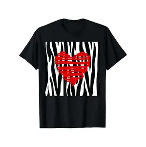 Men's Black and White Zebra Striped T-Shirt Featuring Red Heart Graphic in Comfortable Cotton Crew Neck Design