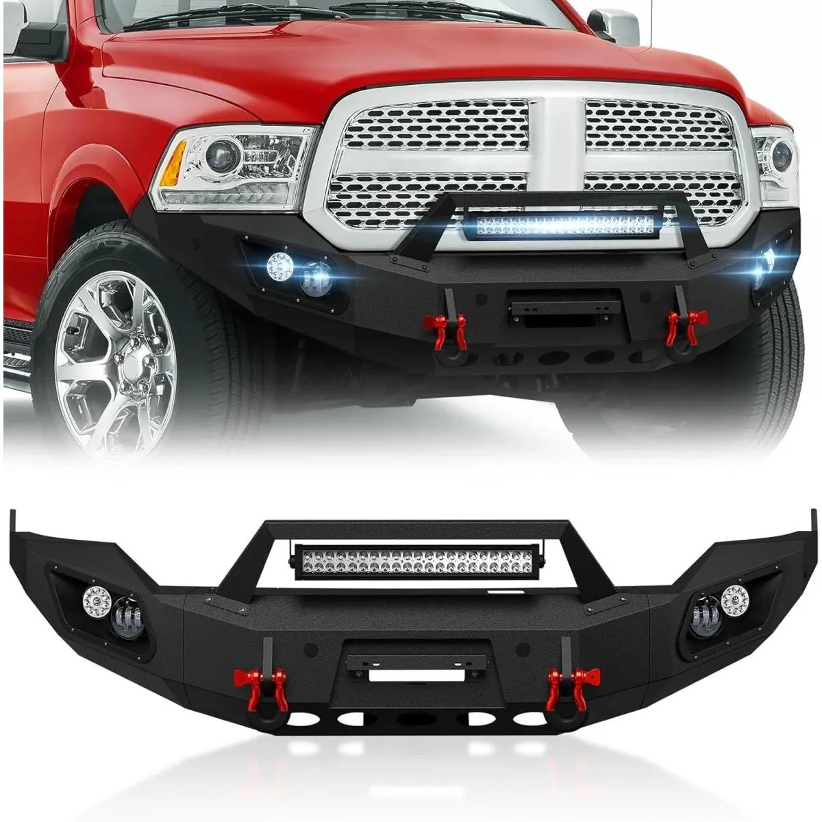 【Yzona】Carbon Steel Front Bumper with Winch Plate & Winch Mounts, Easy Bolt-On Truck Exterior Accessory with LED Lighting for 2013-2018 Dodge Ram 1500 (Exclude Rebel) & 2019-2024 Ram 1500 Classic, Car Accessories