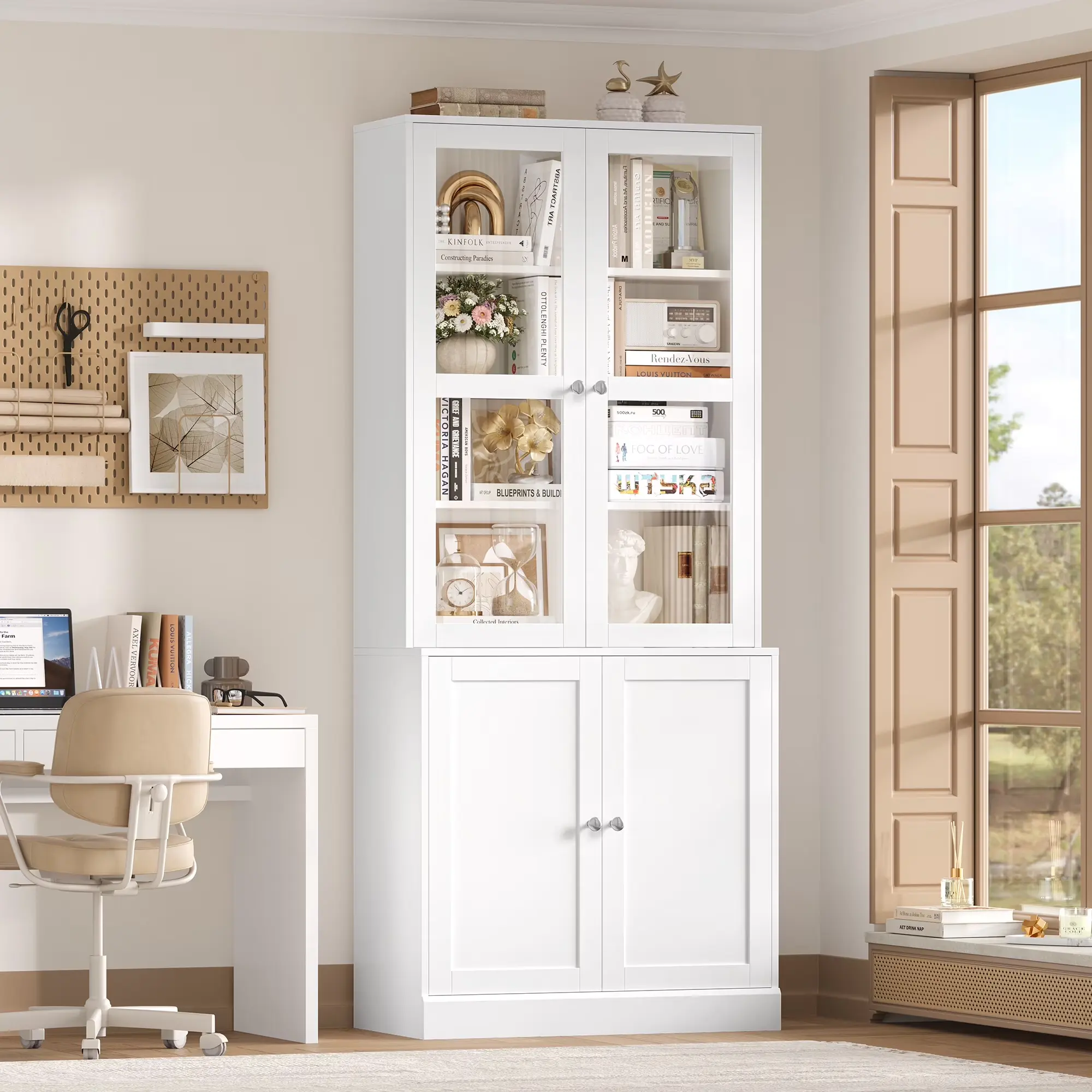 FOTOSOK 73" Tall 6-Tier Bookcase with Glass Doors, Tall Bookshelf with Adjustable Shelf, 14.4" Deep Bookshelf with Storage Cabinet, Modern Bookshelf Glass Display Cabinet for Home Office, Living Room