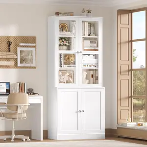 FOTOSOK 73" Tall 6-Tier Bookcase with Glass Doors, Tall Bookshelf with Adjustable Shelf, 14.4" Deep Bookshelf with Storage Cabinet, Modern Bookshelf Glass Display Cabinet for Home Office, Living Room tiktokshopspringglowup