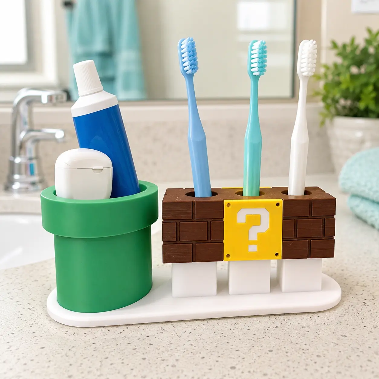 Mario Themed Plastic Bathroom Mystery Block Organizer - Countertop Multi-Use Toothbrush Holder with Slots+Pipe for Home Bathroom Supplies