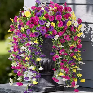 Artificial Fake Hanging Flowers Plants for Outdoor Spring Decoration, Garden Decorations, Faux Morning Glory Silk Flower, Artificial Pansy Flower for Outside Realise UV Resistant Decorative Patio Yard Balcony Porch Home Decor, Fake Blossom Plants