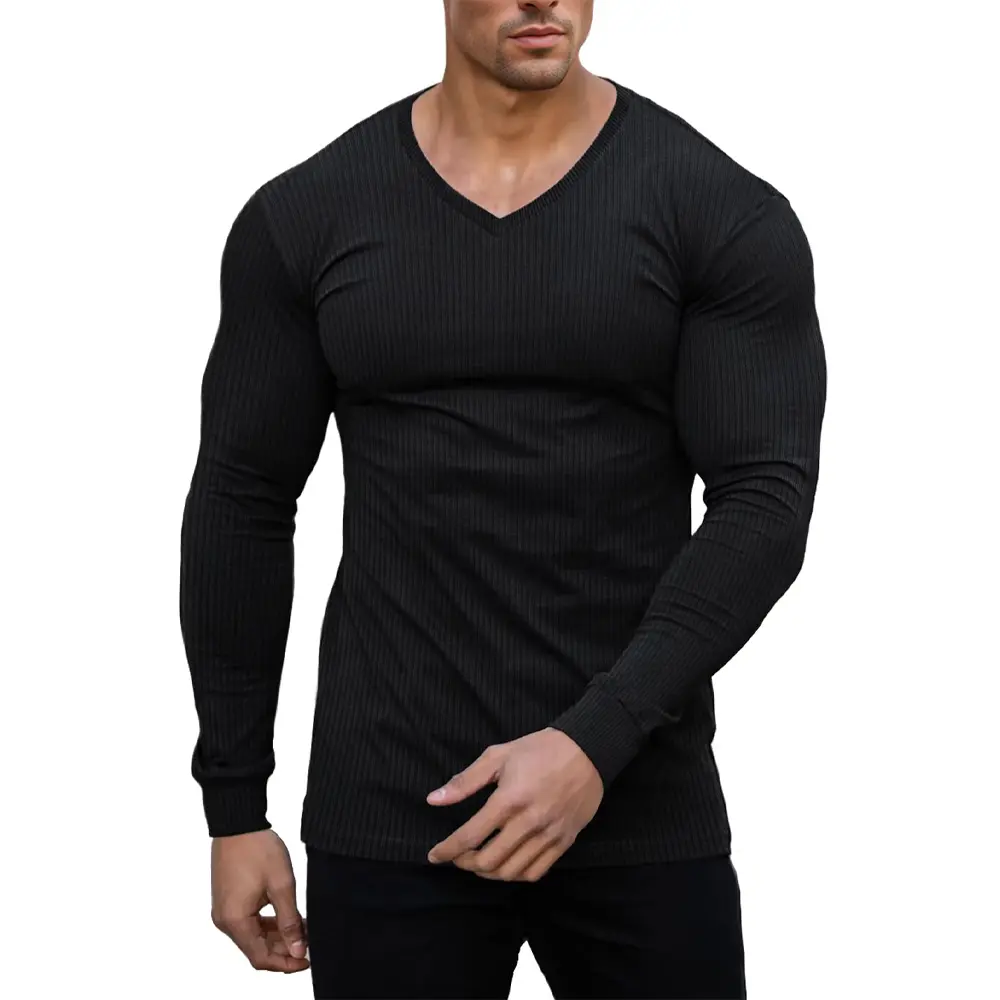 Muscle Cmdr Men's V Neck Muscle Shirt Casual Ribbed Slim Fit Long Sleeve Tee Workout Shirts Athletic Gym Henley Undershirts Knitted Classic Summervibes