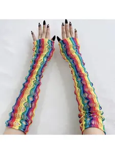 Halloween rainbow hollow-out fashionable fishnet gloves Cosplay women's long party favor glove costume accessories Party Supplies