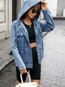 Vintage Loose Fit Hooded Denim Jacket, Washed Single Button Denim Top, Women's Casual Street Style Long Sleeve Hooded Coat, Comfortable and Stylish, Basic, Outerwear