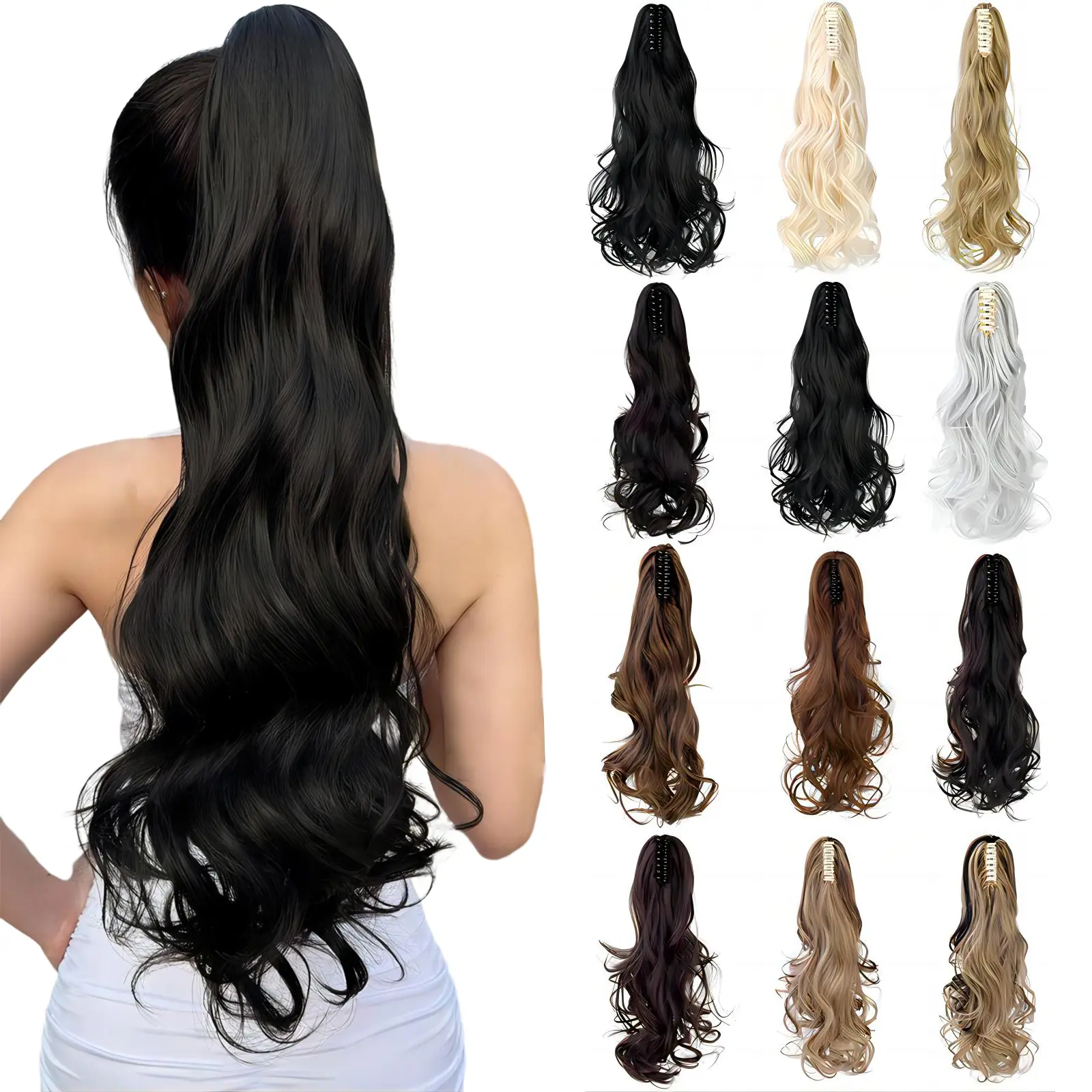 Dulchany Clip on Ponytails for Women, 18in Curly Wavy Claw Clip Synthetic Ponytail Hairpieces, Heat Resistant Wig with Secure Attachment, Colored Curly Synthetic Extensions & Pieces, Attachment Tips Synthetic Extensions & Pieces