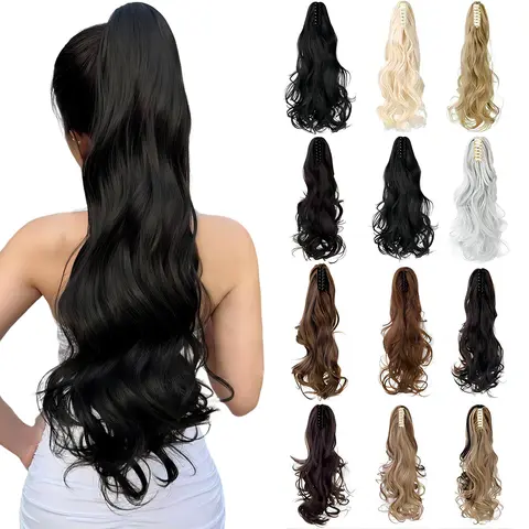 Dulchany Female 18-in Curly Wave Synthetic Fiber Clip-On Ponytail Hairpiece - Secure Claw Clip Wraparound Extension, Heat-Resistant, Low-Upkeep, Comfortable Attachment, Shorn, Secure Hold for Daily Wear, Wash & Restyle