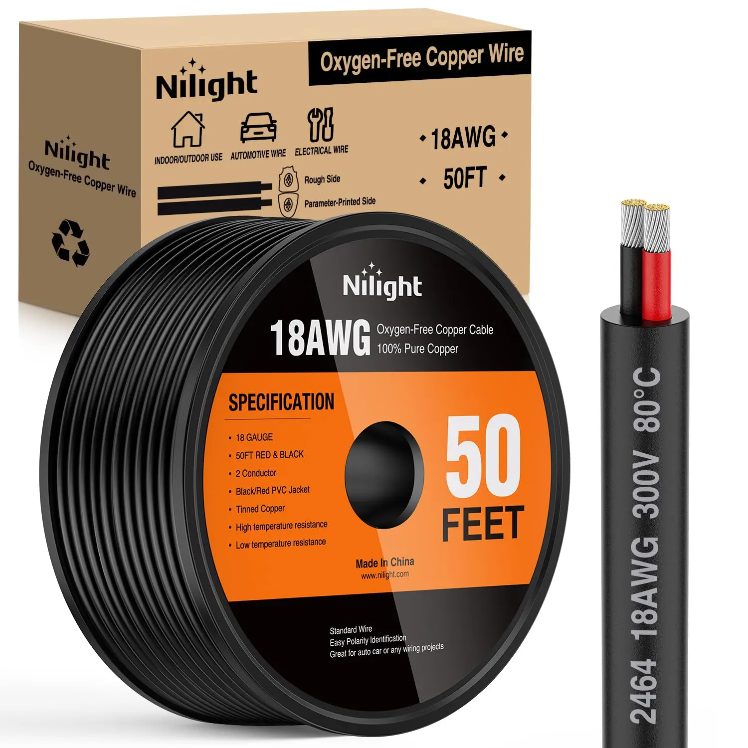 Nilight 50FT 18AWG Oxygen-Free Copper Electrical Wire - Red-Black Stranded PVC Cord, 2-Conductor Parallel 300V DC Flexible Waterproof Extension Cable for LED Lights, Automotive Applications